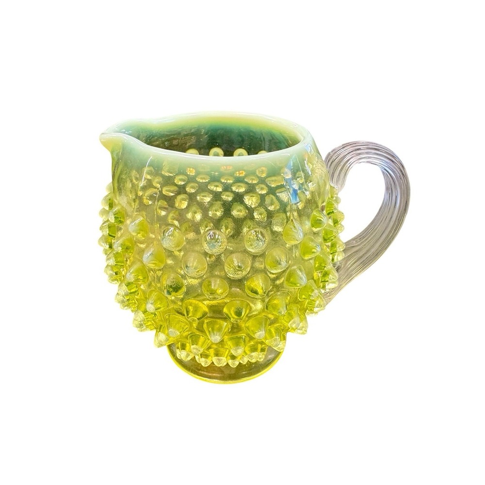 Rare Fenton Yellow Topaz Vaseline Opalescent Hobnail Pitcher Vase Uranium Glow - Picture 2 of 9